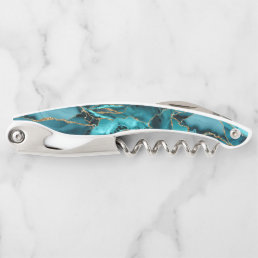 Teal Blue and Gold Glitter Agate Waiter&#39;s Corkscrew