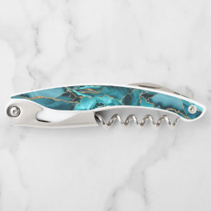 Teal Blue and Gold Glitter Agate Waiter's Corkscrew