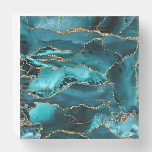 Teal Blue and Gold Glitter Agate Wooden Box Sign