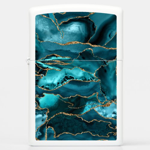 Teal Blue and Gold Glitter Agate Zippo Lighter