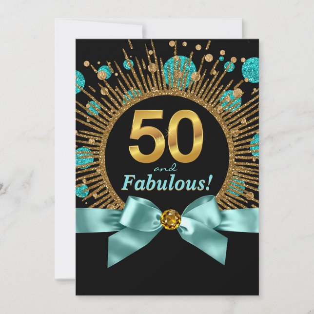 Teal Blue and Gold Glitter Womans 50th Birthday Invitation (Front)