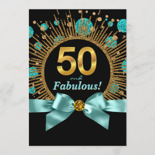 Teal Blue and Gold Glitter Womans 50th Birthday Invitation