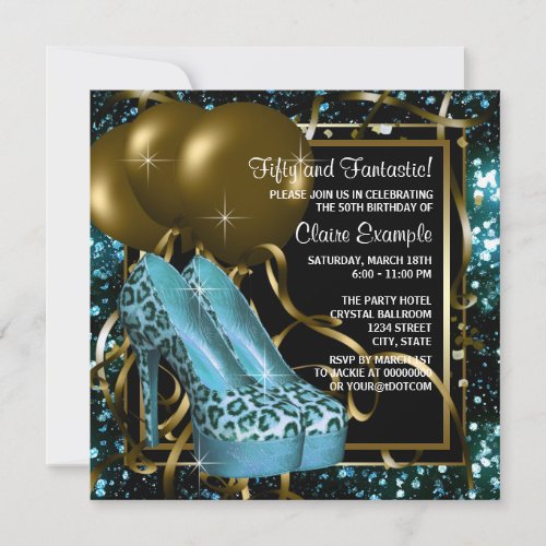 Teal Blue and Gold Leopard Birthday Party Invitation