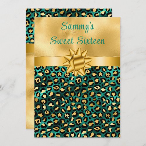 Teal Blue and Gold Leopard Print Sweet Sixteen Invitation