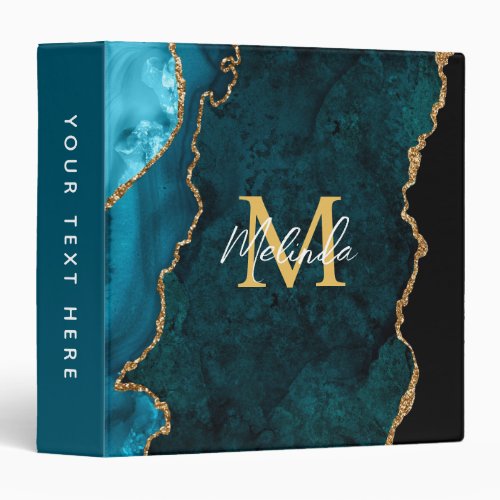 Teal Blue and Gold Marble Agate 3 Ring Binder