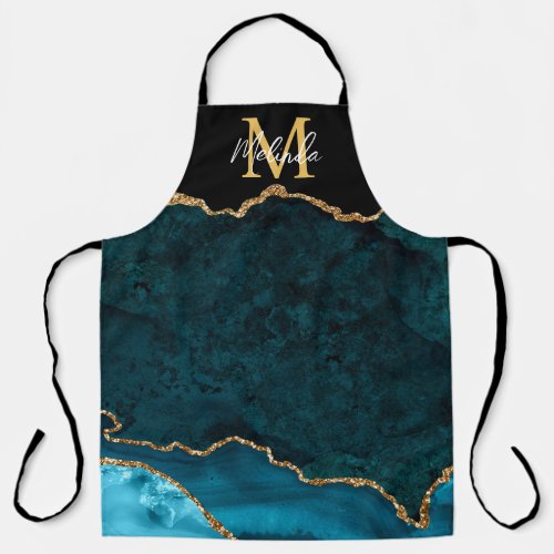 Teal Blue and Gold Marble Agate Apron