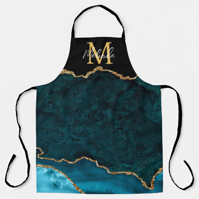 Teal Blue and Gold Marble Agate Apron (Front)