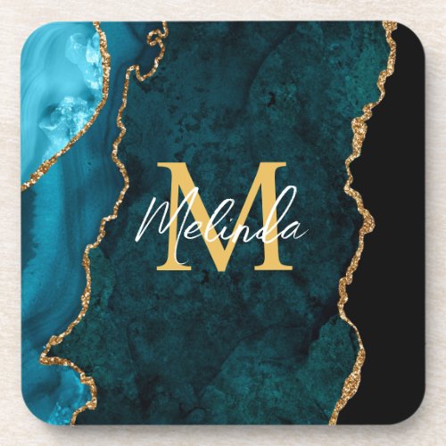 Teal Blue and Gold Marble Agate Beverage Coaster