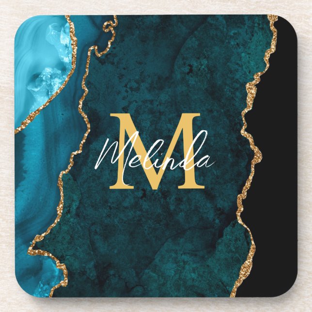 Teal Blue and Gold Marble Agate Beverage Coaster (Front)