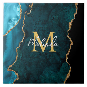 Teal Blue and Gold Marble Agate Ceramic Tile