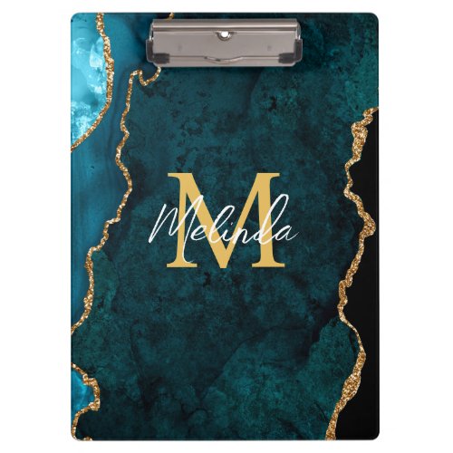 Teal Blue and Gold Marble Agate Clipboard