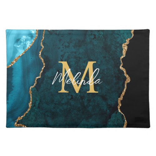 Teal Blue and Gold Marble Agate Cloth Placemat