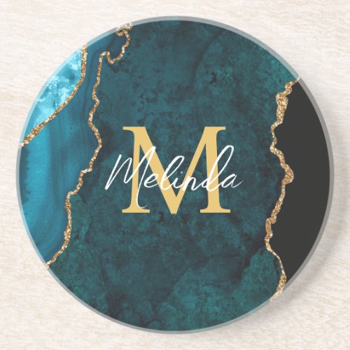 Teal Blue and Gold Marble Agate Coaster