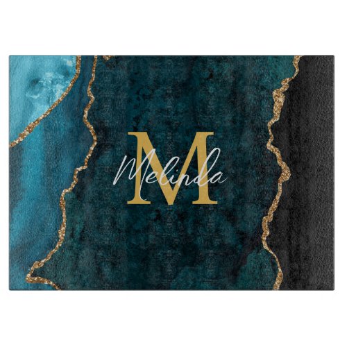 Teal Blue and Gold Marble Agate Cutting Board