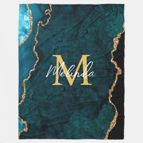 Teal Blue and Gold Marble Agate Fleece Blanket
