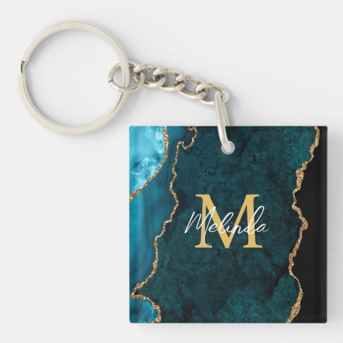 Teal Blue and Gold Marble Agate Keychain