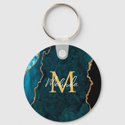 Teal Blue and Gold Marble Agate Keychain