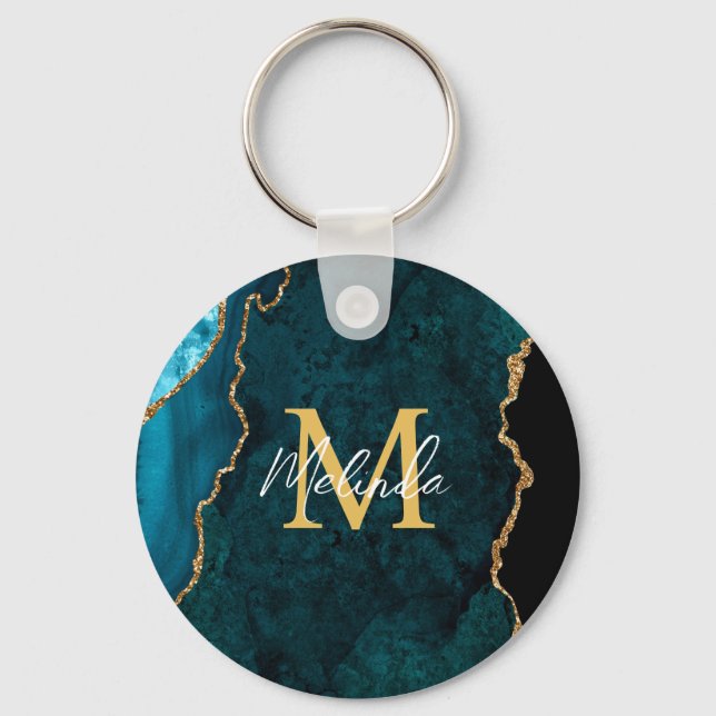 Teal Blue and Gold Marble Agate Keychain (Front)