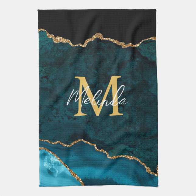 Teal Blue and Gold Marble Agate Kitchen Towel (Vertical)