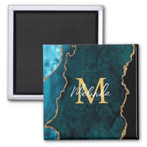 Teal Blue and Gold Marble Agate Magnet