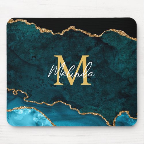 Teal Blue and Gold Marble Agate Mouse Pad