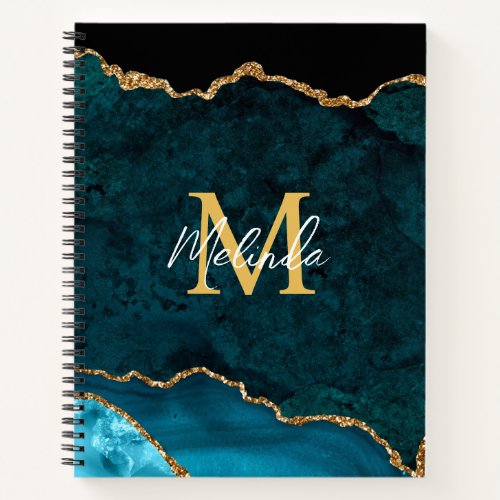 Teal Blue and Gold Marble Agate Notebook