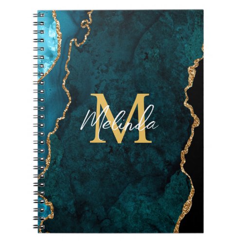 Teal Blue and Gold Marble Agate Notebook
