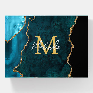 Teal Blue and Gold Marble Agate Paperweight