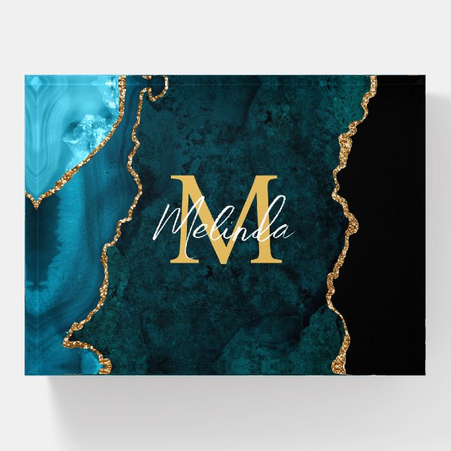 Teal Blue and Gold Marble Agate Paperweight (Front)