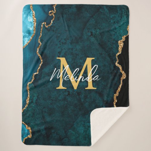 Teal Blue and Gold Marble Agate Sherpa Blanket