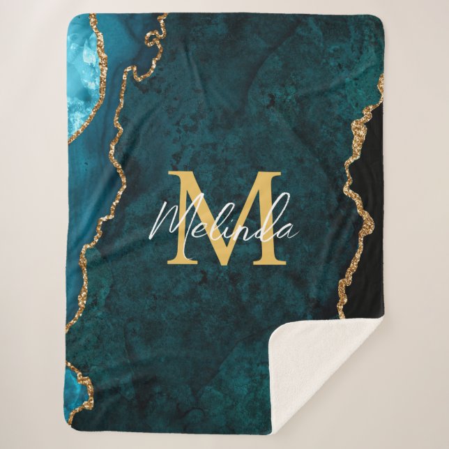 Teal Blue and Gold Marble Agate Sherpa Blanket (Front)