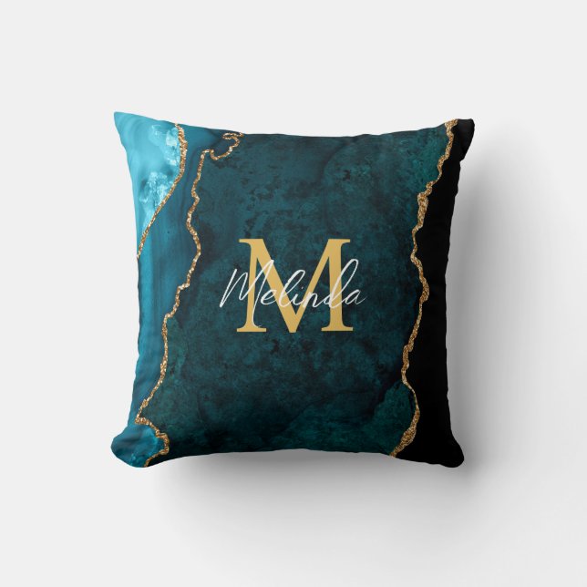 Teal Blue and Gold Marble Agate Throw Pillow (Front)
