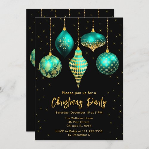Teal Blue and Gold Ornaments Christmas Party Invitation