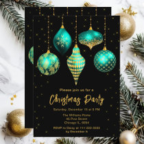 Teal Blue and Gold Ornaments Christmas Party Invitation