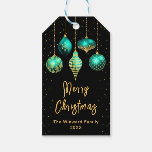 Teal Blue and Gold Ornaments Merry Christmas Gift Tags