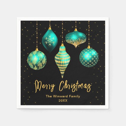 Teal Blue and Gold Ornaments Merry Christmas Napkins