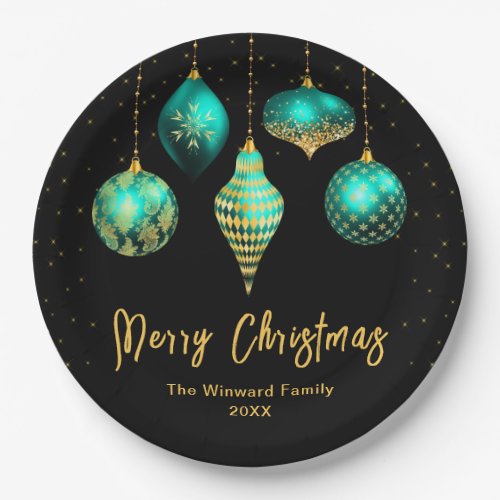 Teal Blue and Gold Ornaments Merry Christmas Paper Plates