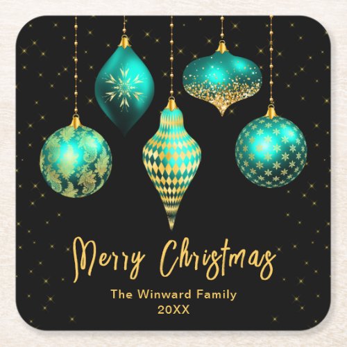 Teal Blue and Gold Ornaments Merry Christmas Square Paper Coaster