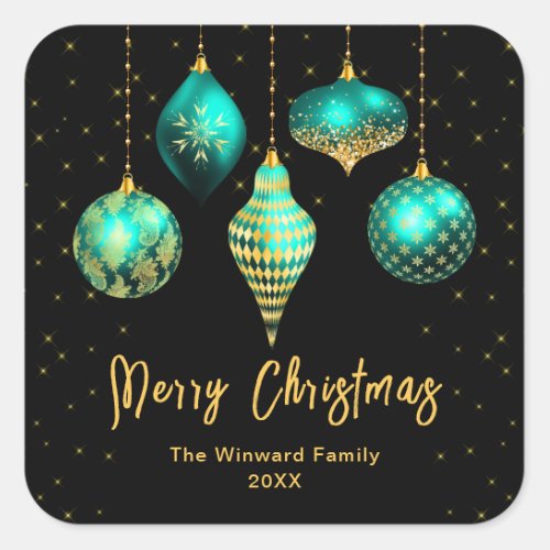 Teal Blue and Gold Ornaments Merry Christmas Square Sticker