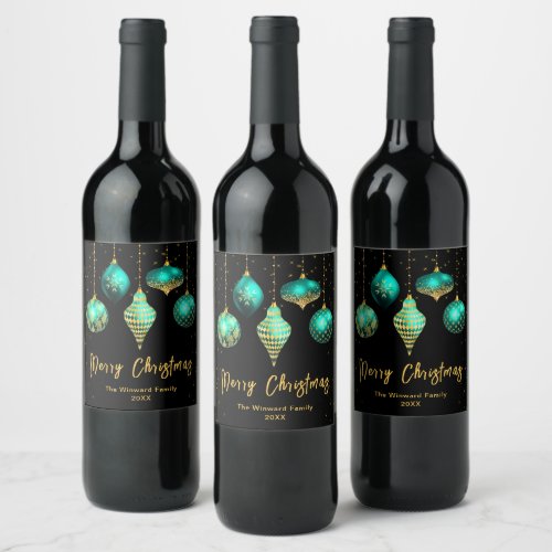 Teal Blue and Gold Ornaments Merry Christmas Wine Label