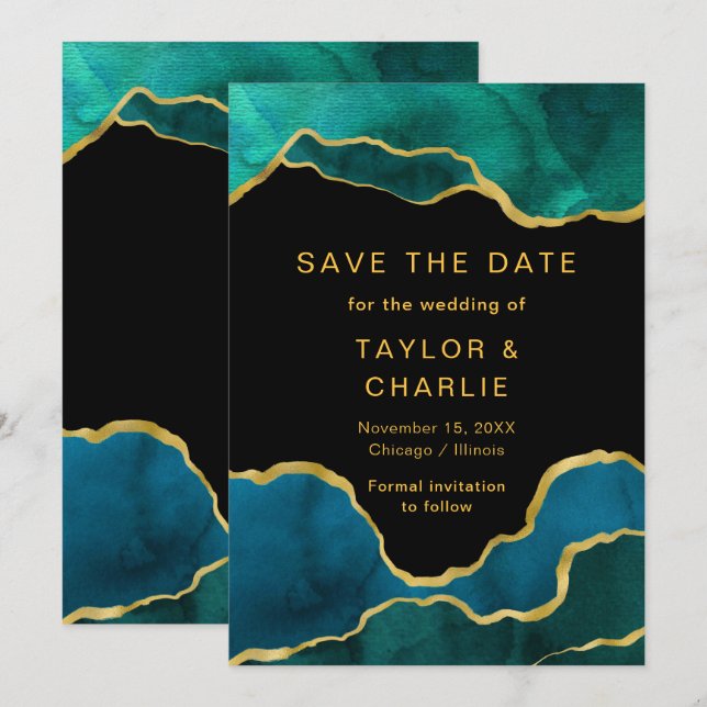 Teal Blue and Gold Painted Agate Save the Date (Front/Back)