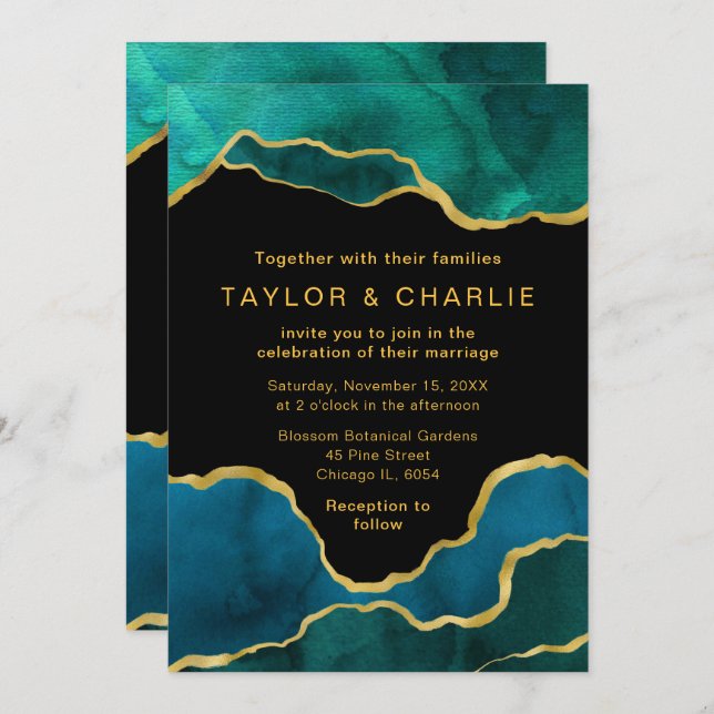 Teal Blue and Gold Painted Agate Wedding Invitatio Invitation (Front/Back)