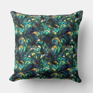 Teal, Blue and Gold Peacock Stained Glass Throw Pillow