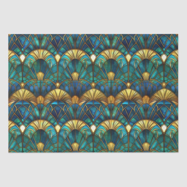 Teal, Blue and Gold Peacock Stained Glass Tissue Paper (Front)