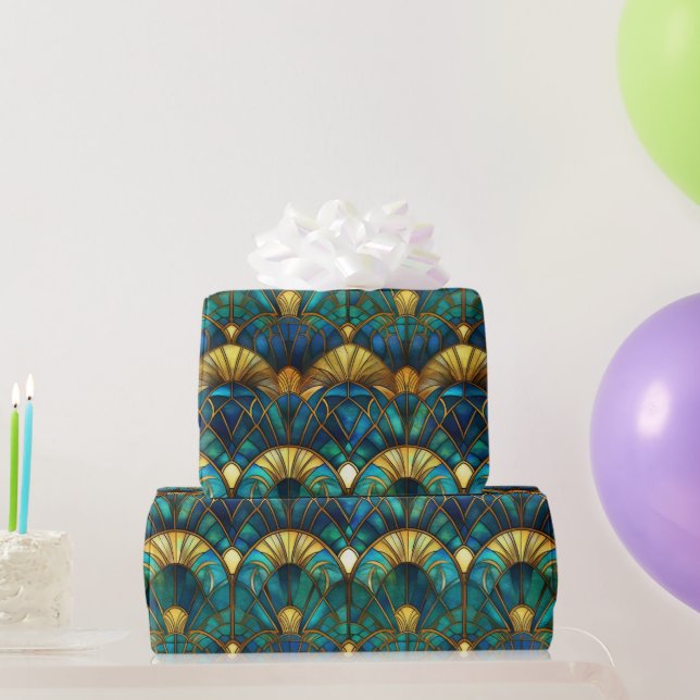 Teal, Blue and Gold Peacock Stained Glass Wrapping Paper (Party Gifts)