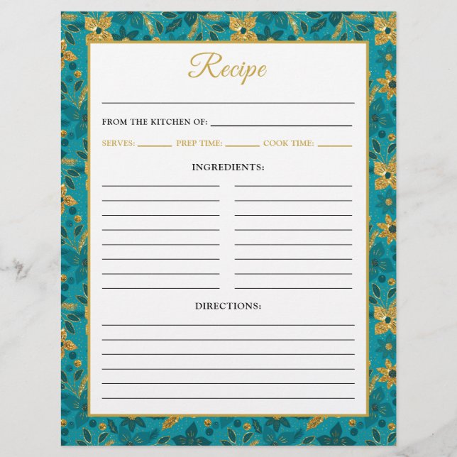Teal Blue and Gold Poinsettia Flowers Recipe Page (Front)