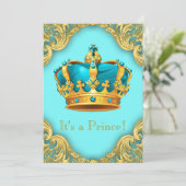 Teal Blue and Gold Prince Baby Shower Invitation (Standing Front)