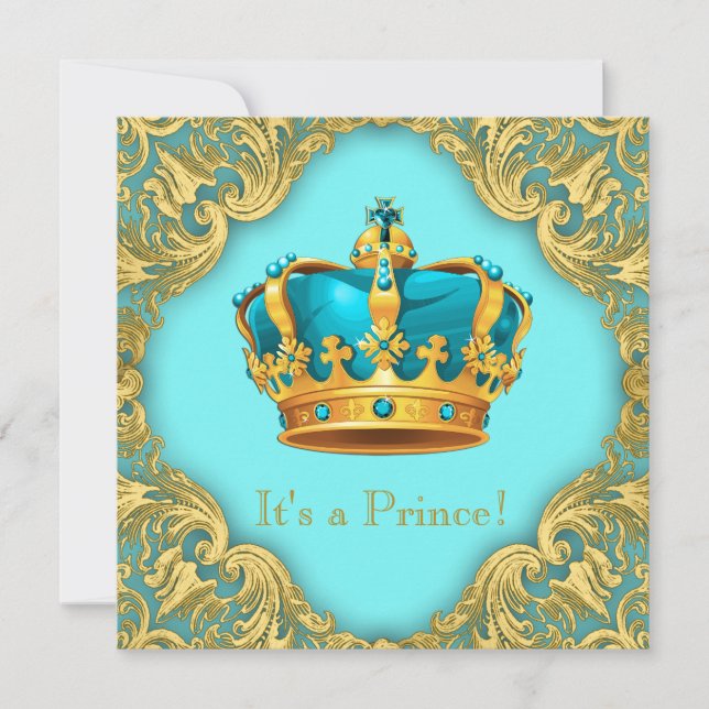 Teal Blue and Gold Prince Baby Shower Invitation (Front)