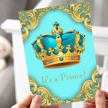 Teal Blue And Gold Prince Baby Shower Invitation by BabyCentral at Zazzle