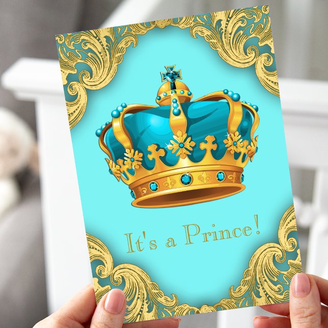 Teal Blue and Gold Prince Baby Shower Invitation